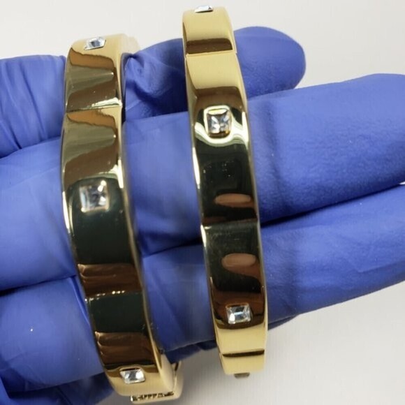 Gold-Tone Bangle Bracelets Set – Modern Square Rhinestone Cuff Jewelry Luxe Look - Picture 5 of 9